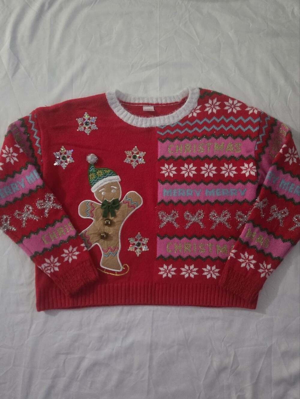 Holiday Time Red Gingerbread Crewneck Sweater with Pink & Green Accents